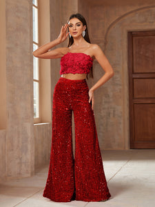 Rosalinda Sequin Pants & Floral Top Set - 3 Color