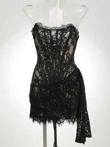 Valery Lace Coquette Mini Dress - Black