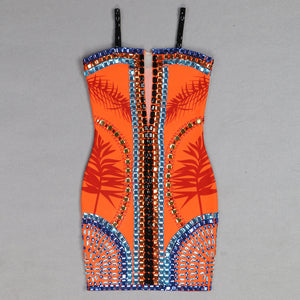 Havana Tropical Bandage Diamante Mini Dress - Orange Multi