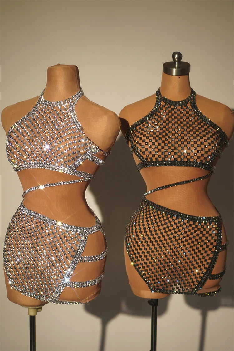 Yadirah Rhinestone Mini Dress - Silver & Black