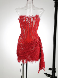 Valery Lace Mini Coquette Dress - Red