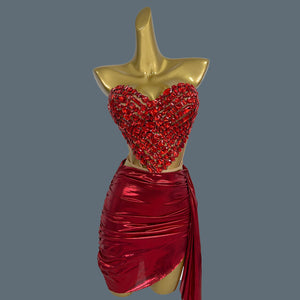 Amara Love Heart Diamonds Corset & Skirt Set - Red