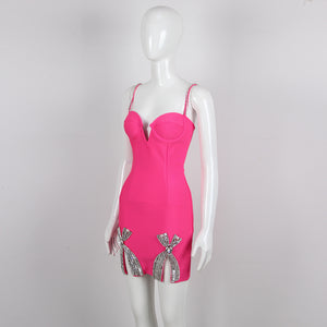 Galilea Rhinestoned Bandage Mini Dress - Fuchsia