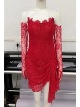 Valencia Lace Mini Dress with Gloves - Red & Black