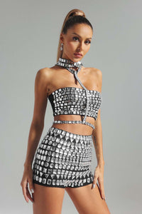 Kennie Diamante Bandage Set Skirt & Crop Top - Black