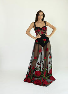 Rosalia Embroidered Red Rose Maxi Dress - Black