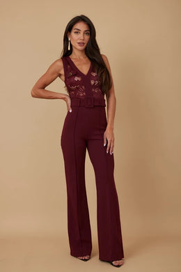 Alexandra Lace Belted Jumpsuit - Wine