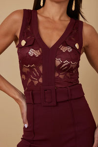 Alexandra Lace Belted Jumpsuit - Wine