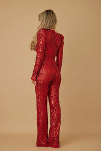 Taylor Sequin Long Sleeve Jumpsuit - Red & Hunter Green