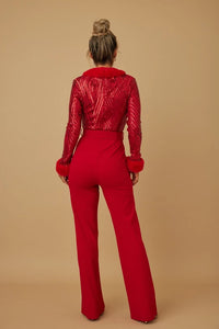 Christine Sequin With Fur Fashion Jumpsuit - 4 Colors