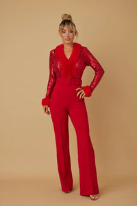 Christine Sequin With Fur Fashion Jumpsuit - 4 Colors