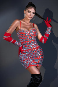 Francesca Crystal Bandage Dress with Gloves - Red