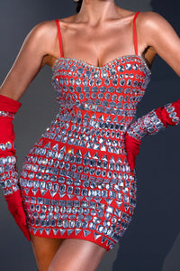 Francesca Crystal Bandage Dress with Gloves - Red