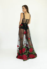 Rosalia Embroidered Red Rose Maxi Dress - Black