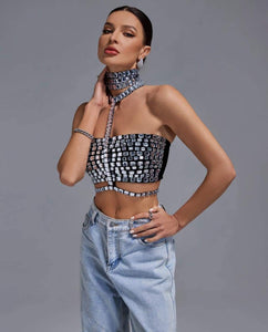 Kennie Crystal Bandage Crop Top - Black