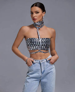 Kennie Crystal Bandage Crop Top - Black