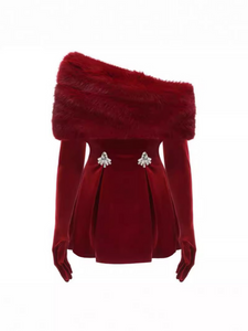 Carol Christmas Holiday Velvet Faux Fur Winter Dress with Gloves - Burgundy & Black