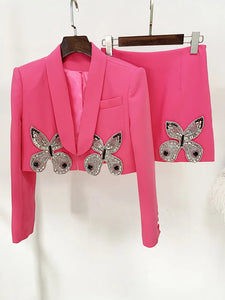 Lilian Butterfly Rhinestone Blazer & Skirt Set - Hot Pink & Black