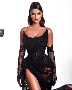 Valencia Lace Long Gown With Gloves - Black