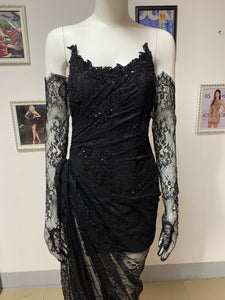 Valencia Lace Long Gown With Gloves - Black