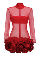 Rosalinda Mesh 3D Flowers Mini Dress - Red