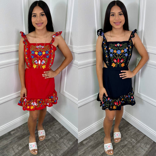 Maria Bordado Mexican Dress - Black & Red