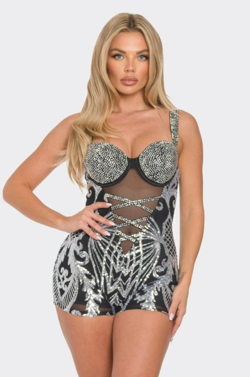 Adriana Sequin Rhinestone Romper - Black