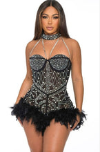 Leona Pearls Rhinestone & Feathers Romper - Black