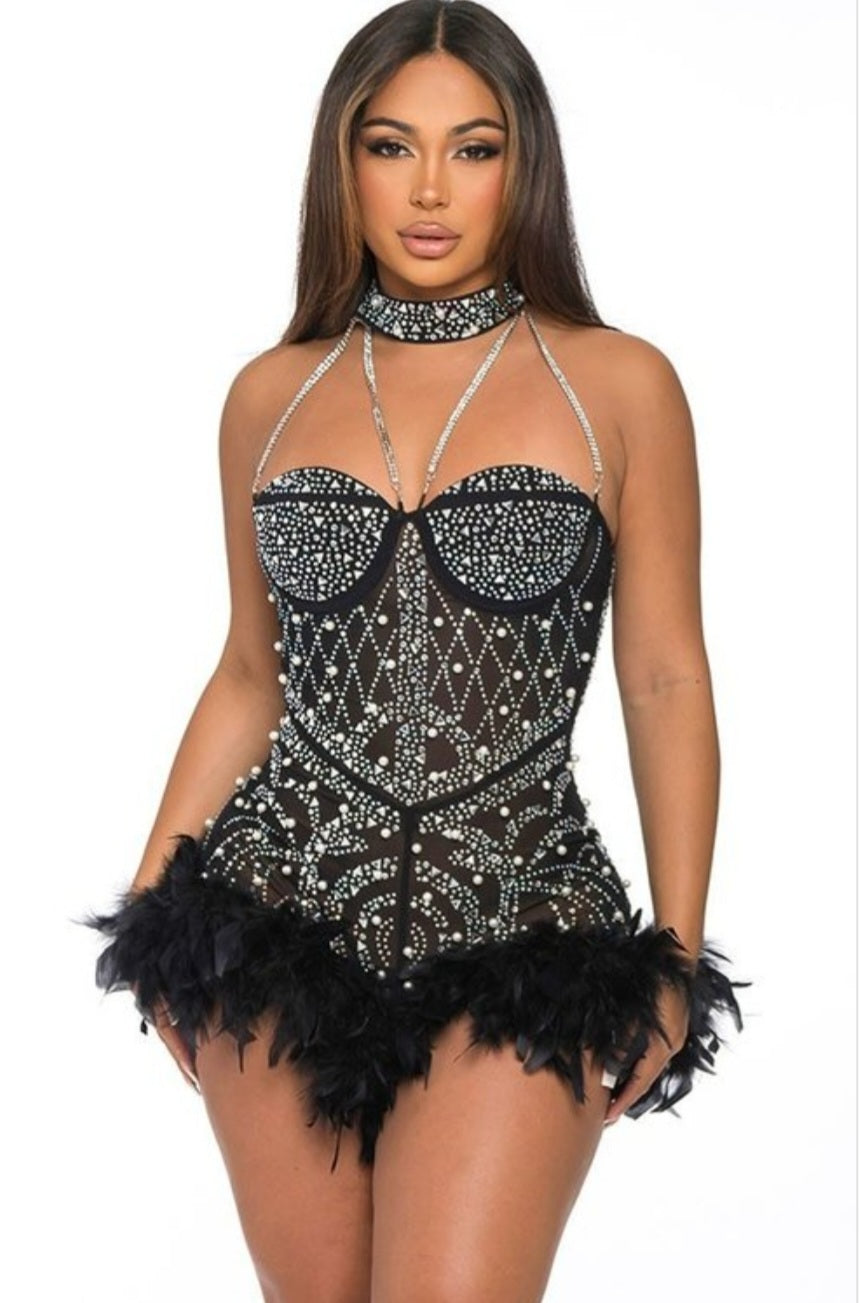 Leona Pearls Rhinestone & Feathers Romper - Black