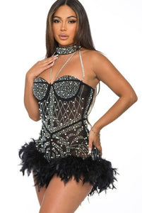 Leona Pearls Rhinestone & Feathers Romper - Black