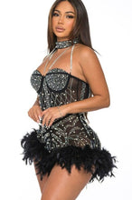 Leona Pearls Rhinestone & Feathers Romper - Black