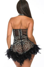 Leona Pearls Rhinestone & Feathers Romper - Black