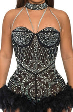 Leona Pearls Rhinestone & Feathers Romper - Black