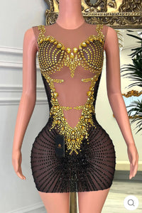 Natty Rhinestone Sheer Mini Dress - Black/Gold