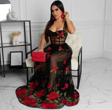 Rosalia Embroidered Red Rose Maxi Dress - Black