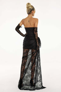 Valencia Lace Long Gown With Gloves - Black