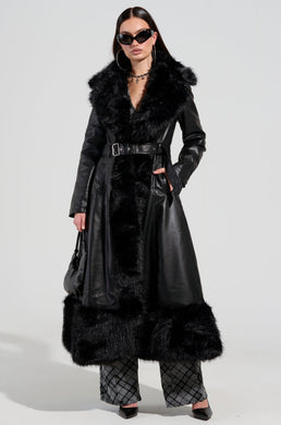 VIVIAN LONG PU TRENCH WITH FAUX FUR TRIM - BLACK