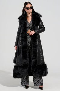 VIVIAN LONG PU TRENCH WITH FAUX FUR TRIM - BLACK