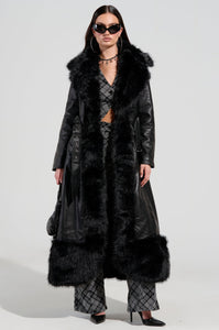 VIVIAN LONG PU TRENCH WITH FAUX FUR TRIM - BLACK