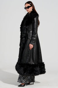 VIVIAN LONG PU TRENCH WITH FAUX FUR TRIM - BLACK