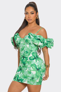 Flora Off Shoulders Mini Dress - Fuchsia & Green