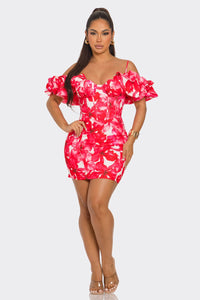 Flora Off Shoulders Mini Dress - Fuchsia & Green