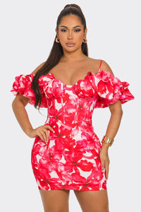 Flora Off Shoulders Mini Dress - Fuchsia & Green