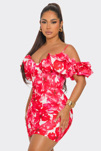 Flora Off Shoulders Mini Dress - Fuchsia & Green