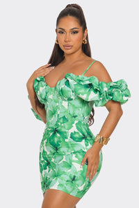 Flora Off Shoulders Mini Dress - Fuchsia & Green