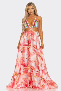 Jacky Crochet Rainbow Maxi Dress - Coral Multi