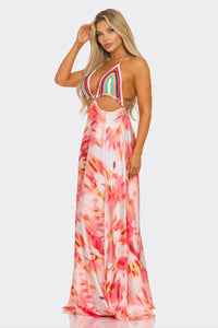 Jacky Crochet Rainbow Maxi Dress - Coral Multi