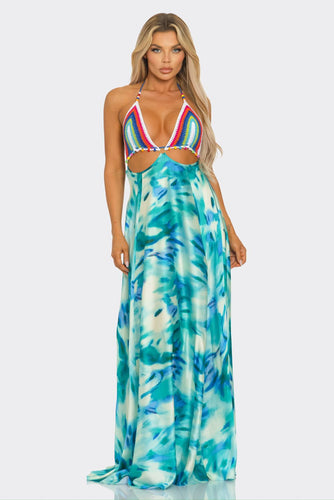 Jacky Crochet Rainbow Maxi Dress - Green Multi