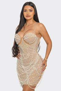 Perla Rhinestone/Pearl Mini Dress