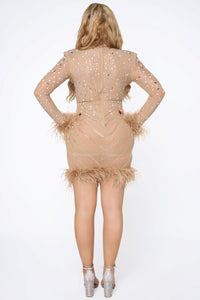 Julietta Feather Pearl Rhinestone Mini Dress - Nude